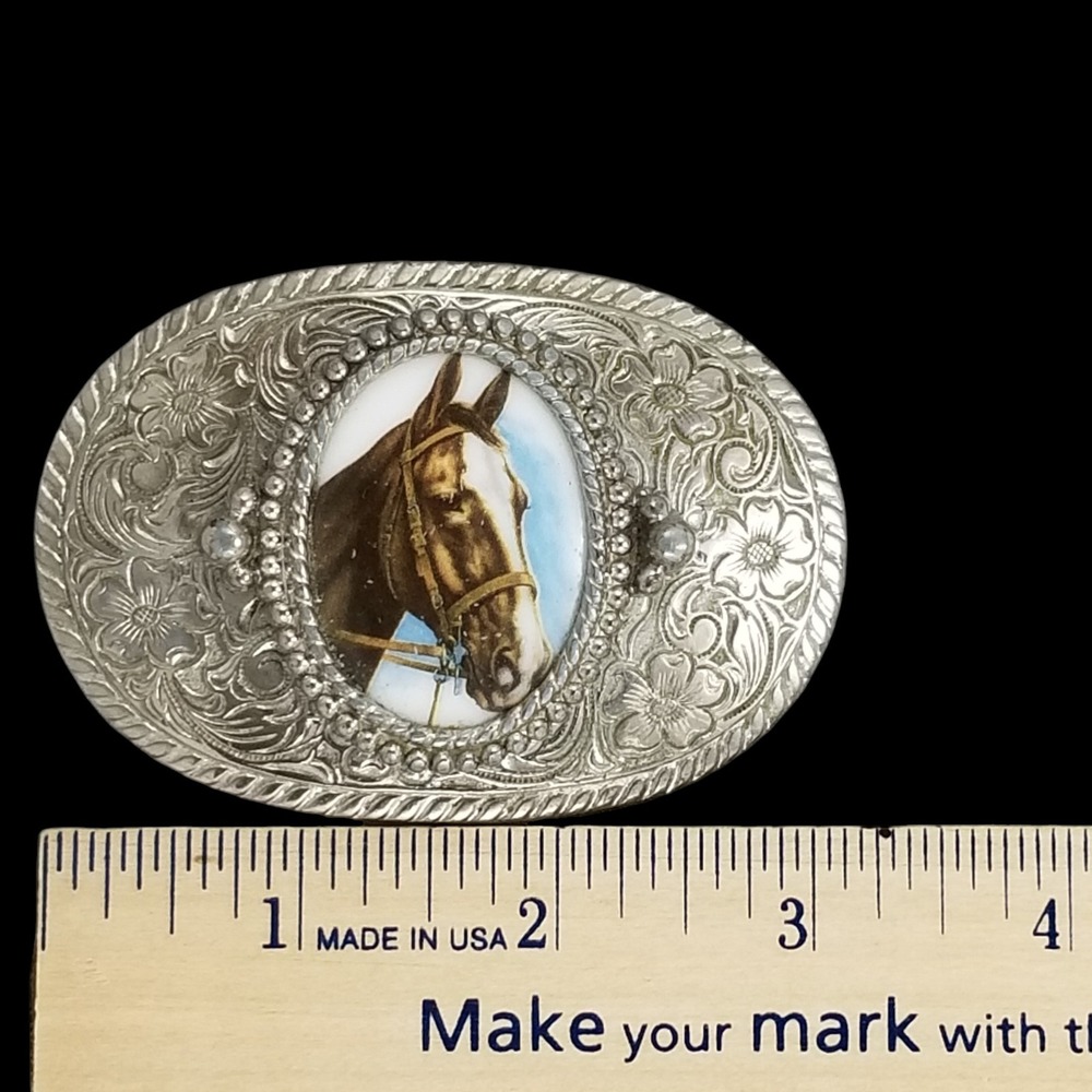 Western Cowboy Horse Head Oval Belt Buckle Silver Tone Ornate Engraved - Picture 8 of 9